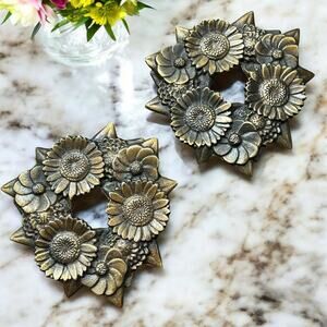 Set Of 2 Michael Healy Brass Floral Trivets Sunflower Wall Art Marked and Dated